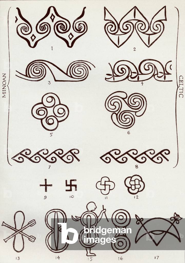 Decorative motifs and symbols, from 'Myths of Crete and Pre-Hellenic Europe' by Donald A. Mackenzie, published in 1917 (litho)