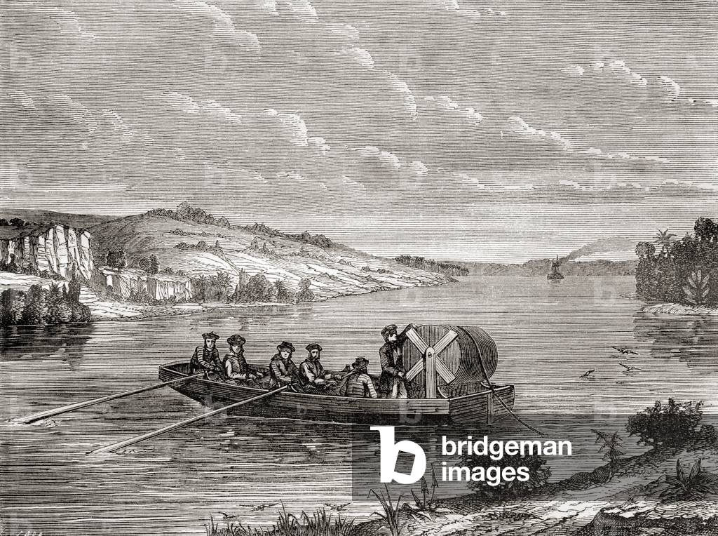 Laying a telegraph cable under an American river c.1860, from Les Merveilles de la Science, published c.1870 (engraving)