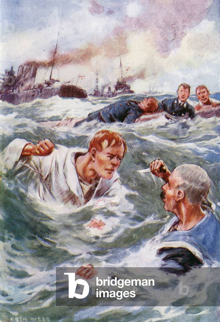 'His fist rose in the air as the other struggled to use his knife', after an illustration by Archibald Webb, from 'Midshipman Rex Carew V.C.' by John S. Margerison, published c.1920 (colour litho)