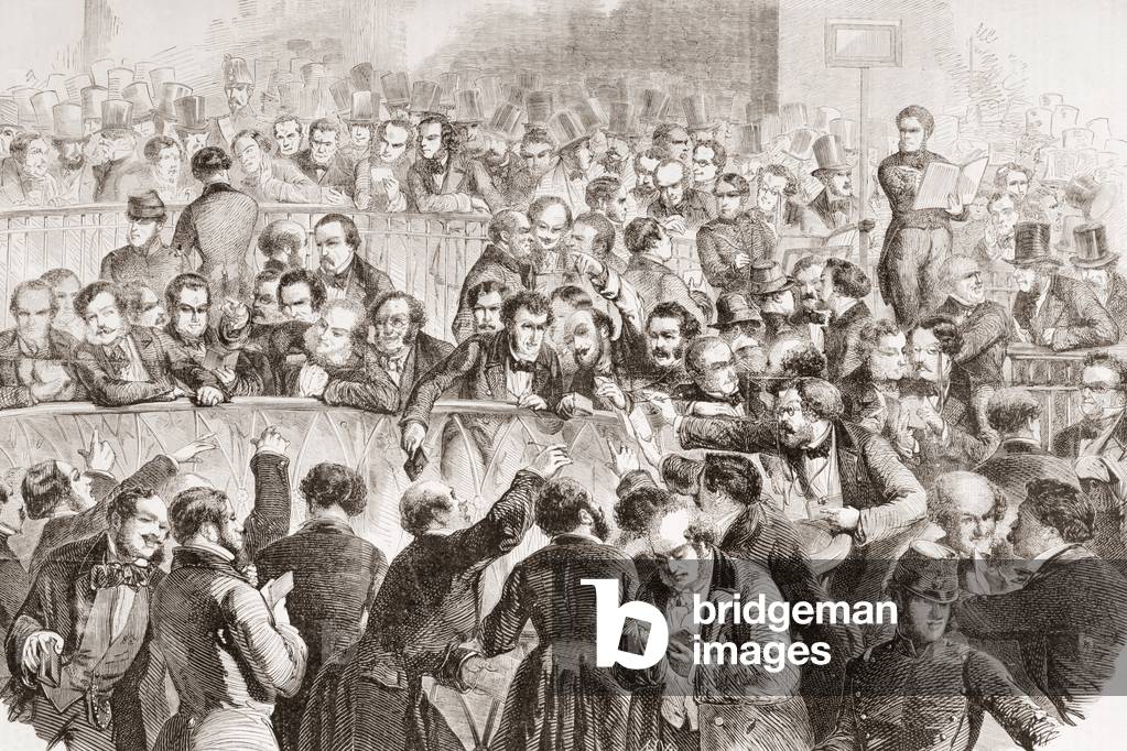 The stock exchange in Paris, France, in the 1850's.