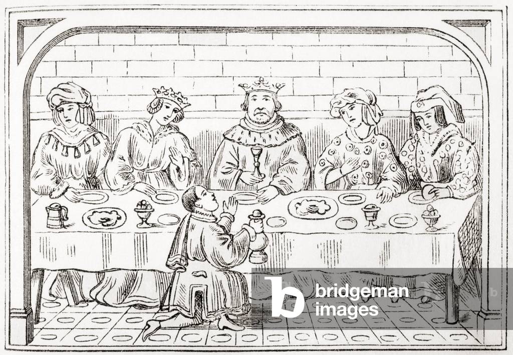 Royal dinner party in the 15th century from an old manuscript in the British Museum, from The National and Domestic History of England by William Aubrey pub. London, c.1890