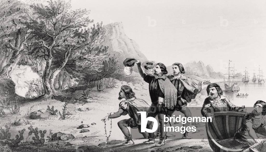 Amerigo Vespucci lands in the New World, from 'The Life and Voyages of Americus Vespuccius', published by Horace Mansfield, New Haven, Connecticut, 1853 (litho)