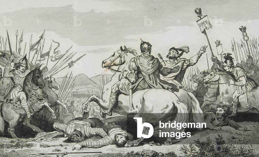 Theodoric is Slain in Battle Against Attila, near Chalons, from 'Histoire de France' by Colart, published c.1840 (engraving)