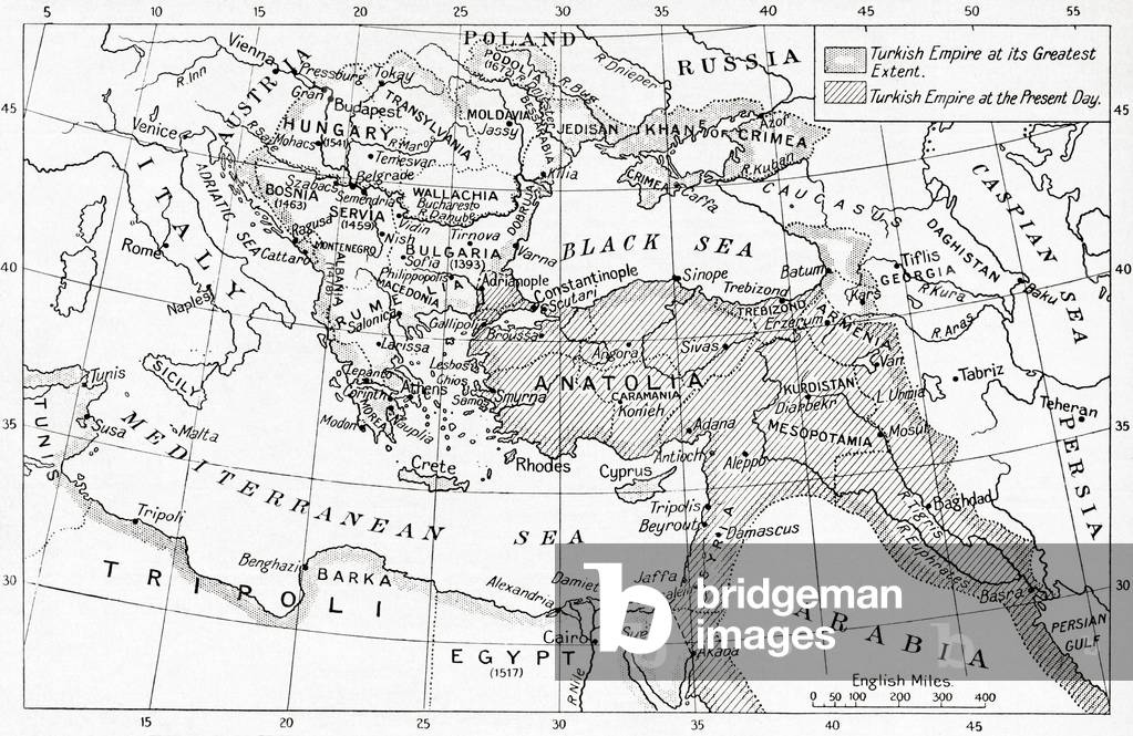 Map of Turkey at the outbreak of WWI, from Hutchinson's History of the Nations, pub.1915