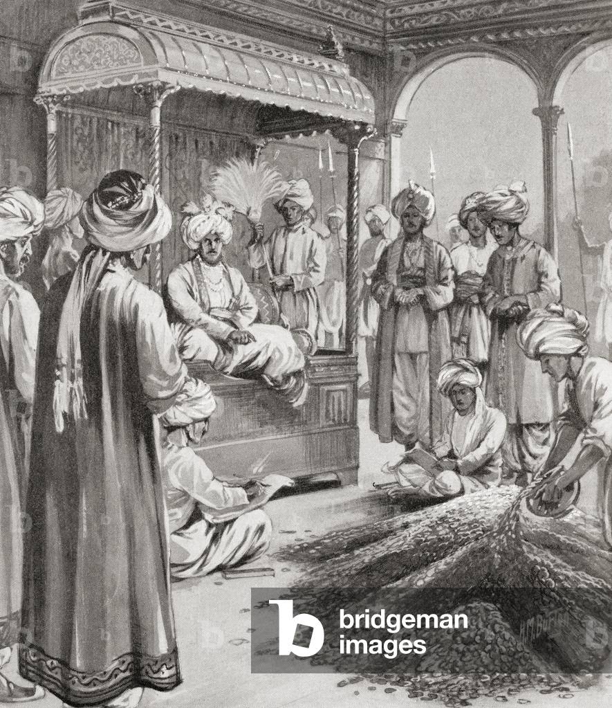 Muhammad bin Tughluq issuing token currency, 14th century (print)