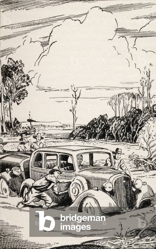 'There was a crucial moment when the sucking bog clutched at the wheel of the first car', from the book 'Buffalo Jim' by William Hatfield, published c.1930s (litho)
