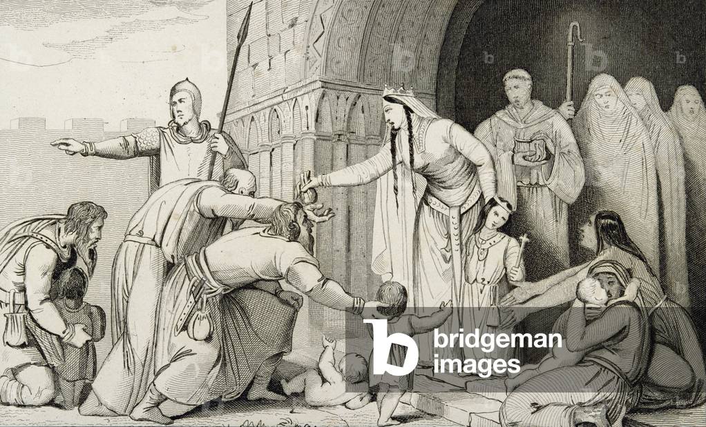 Bathilda Gives Money to the Poor, from 'Histoire de France' by Colart, published c.1840 (engraving)