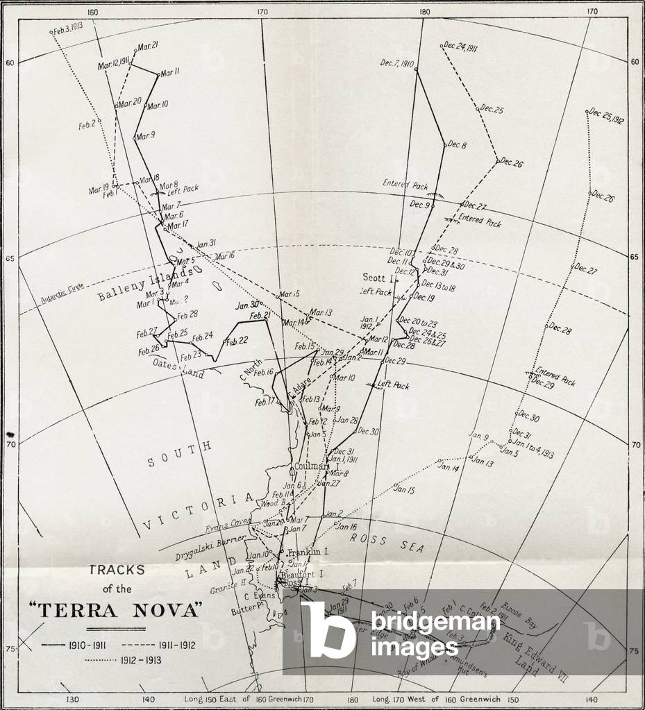 Map showing the tracks of Robert Falcon Scott's Terra Nova expedition, 1910-13, from 'South With Scott' by E.R.G.R. Evans (litho)