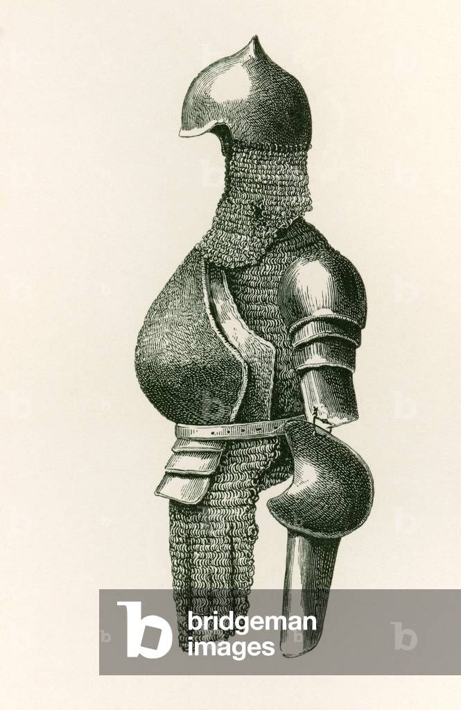 Globose Breastplate with back piece, demi-brassards and chain, dating from the first half of the 16th century, from The British Army: Its Origins, Progress and Equipment, published 1868.