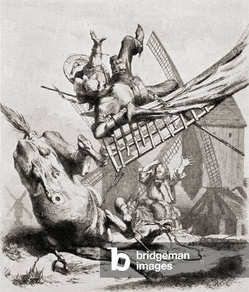 Don Quixote attacking the windmills, from 'Die Gartenlaube', pub. 1905 (print)
