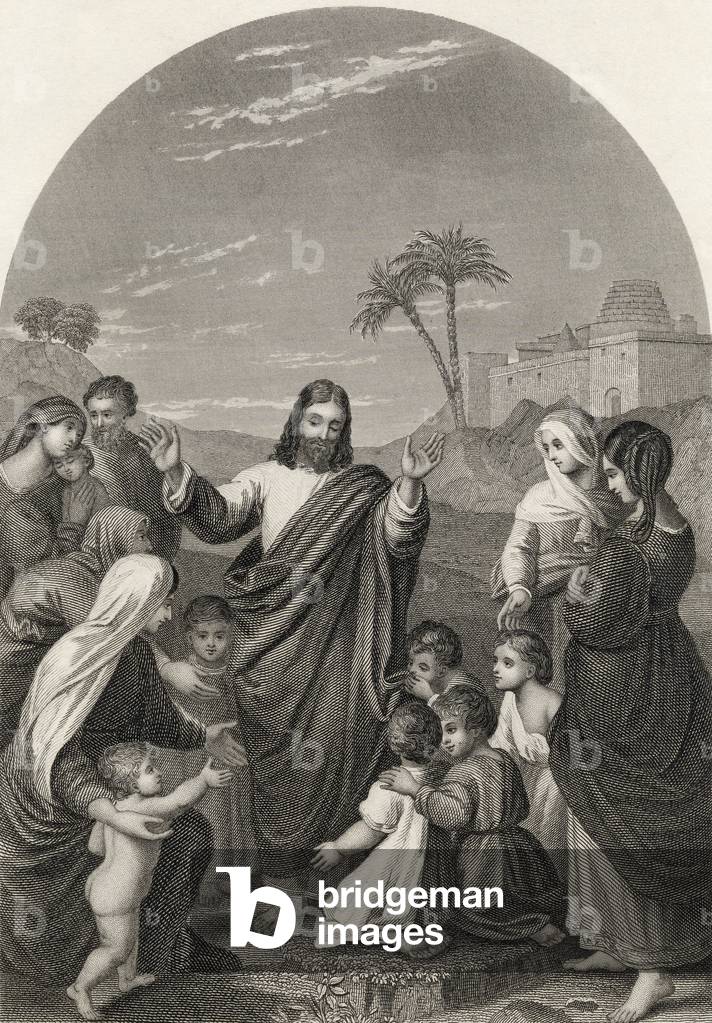 Christ blessing the little children, engraved by S. Allen, from 'The National Illustrated Family Bible', published c.1870 (litho)