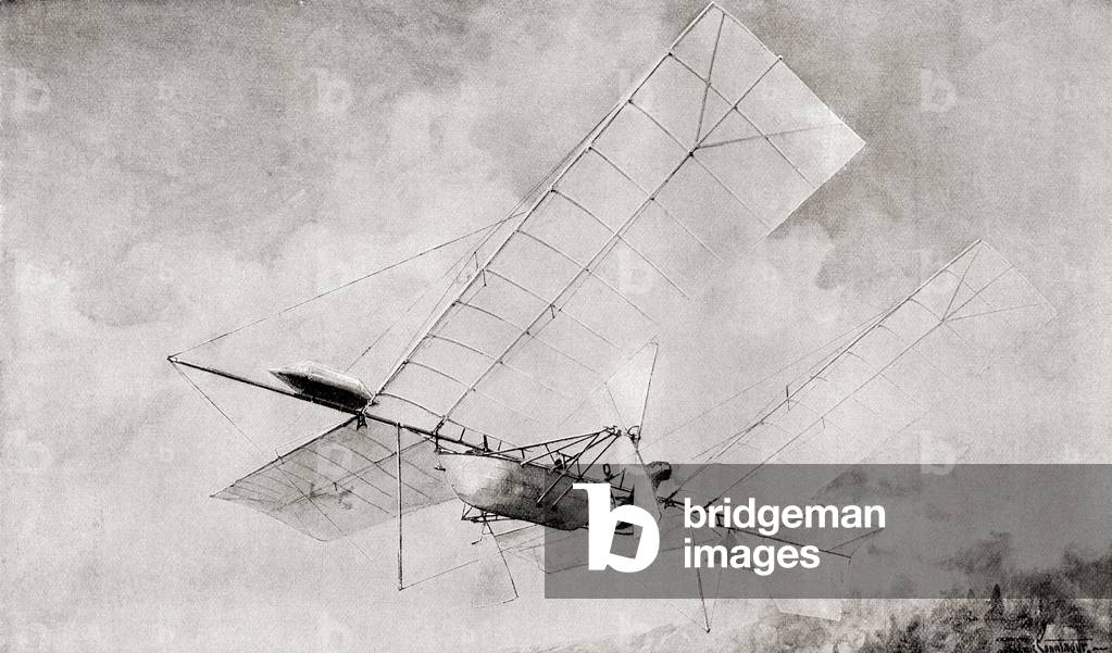 The Langley Aerodrome flying machine in flight in the 19th century. From The Strand Magazine published 1897.