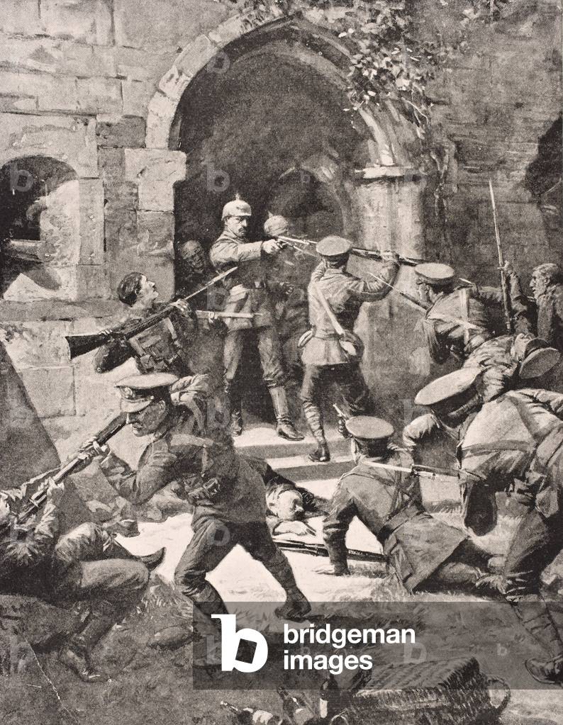 Hand to hand fighting as British troops attack German defenders of Chateau d'Hooge near Ypres Belgium, 1915, from 'The War Illustrated Album deLuxe', published in London, 1916 (litho)