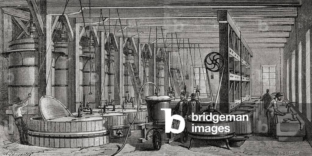 Machinery used in the purification of amalgamated silver at the Gould and Curry factory in Nevada, America in the 19th century.