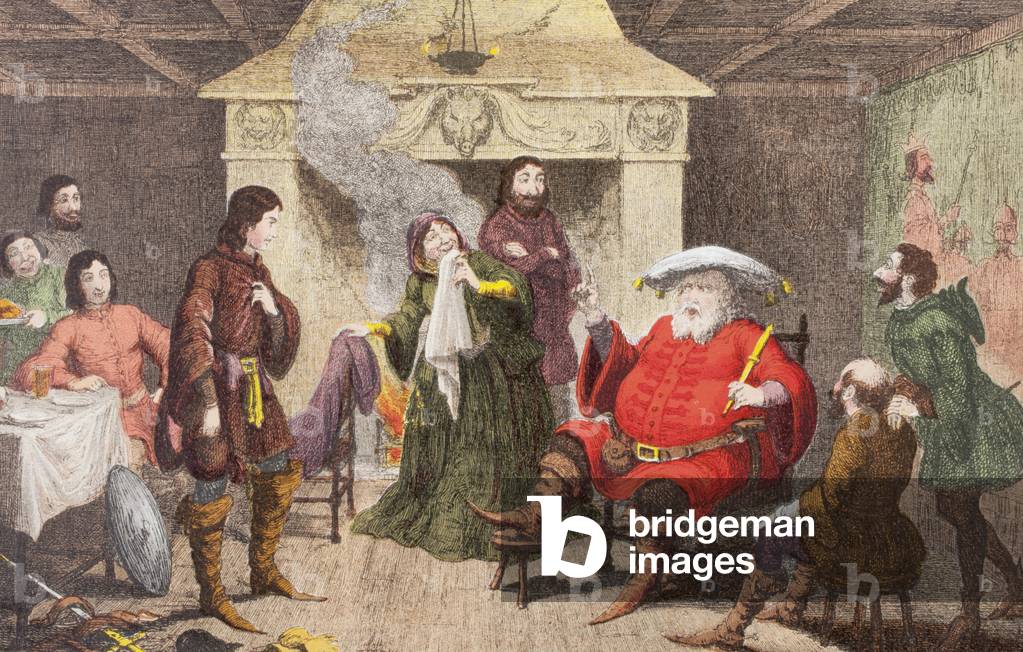 Falstaff enacts the part of the king in Henry IV, Part I, Act II, Scene IV, from 'The Illustrated Library Shakespeare', published London 1890 (colour litho)