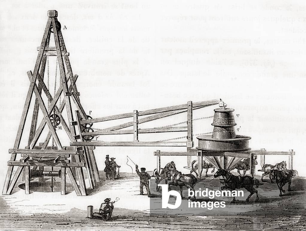 Workers using the carousel and winch to drill the artesian wells at Grenelle, France in the 19th century, from 'Les Merveilles de la Science', published c.1870 (engraving)