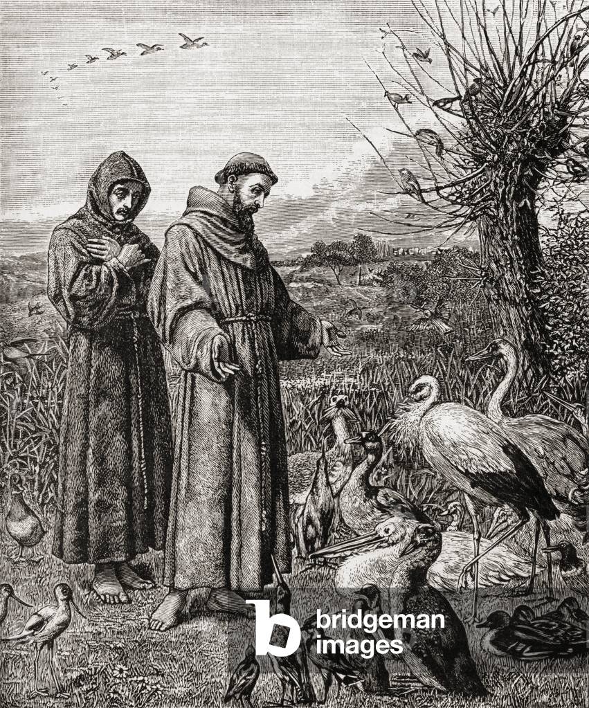 Saint Francis of Assissi, c. 1181-1226. Founder of the Franciscan Order. St. Francis preaching to the birds. From the picture by H. Stacy Marks.