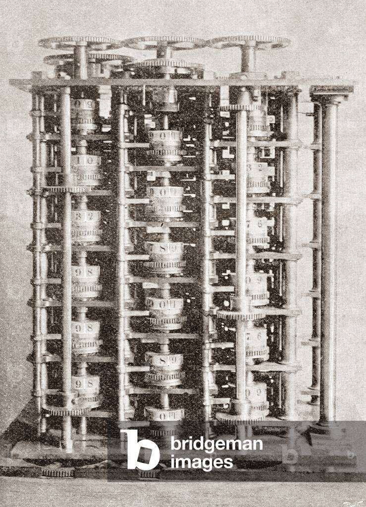 The difference engine of the Babbage Calculating Machine, invented by Charles Babbage in 1822, made to compute values of polynomial functions.  From The Strand Magazine, published 1896