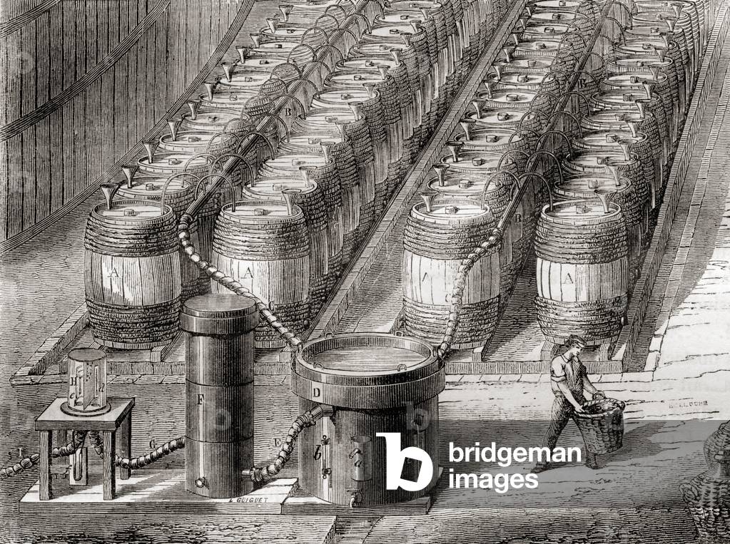 Apparatus used for the preparation of the hydrogen gas, by the action of sulfuric acid on iron, when filling a balloon, from 'Les Merveilles de la Science', published c.1870 (litho)