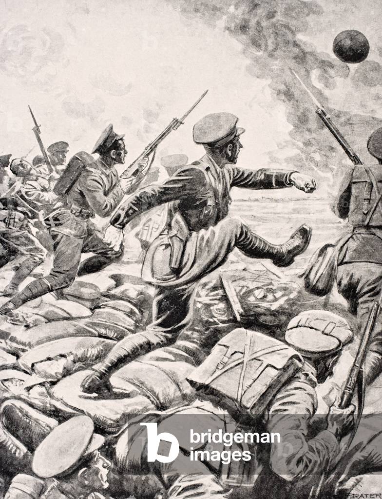 British officer kicks football towards German lines to inspire his platoon to charge with him, from 'The War Illustrated Album deLuxe', published in London, 1916 (litho)