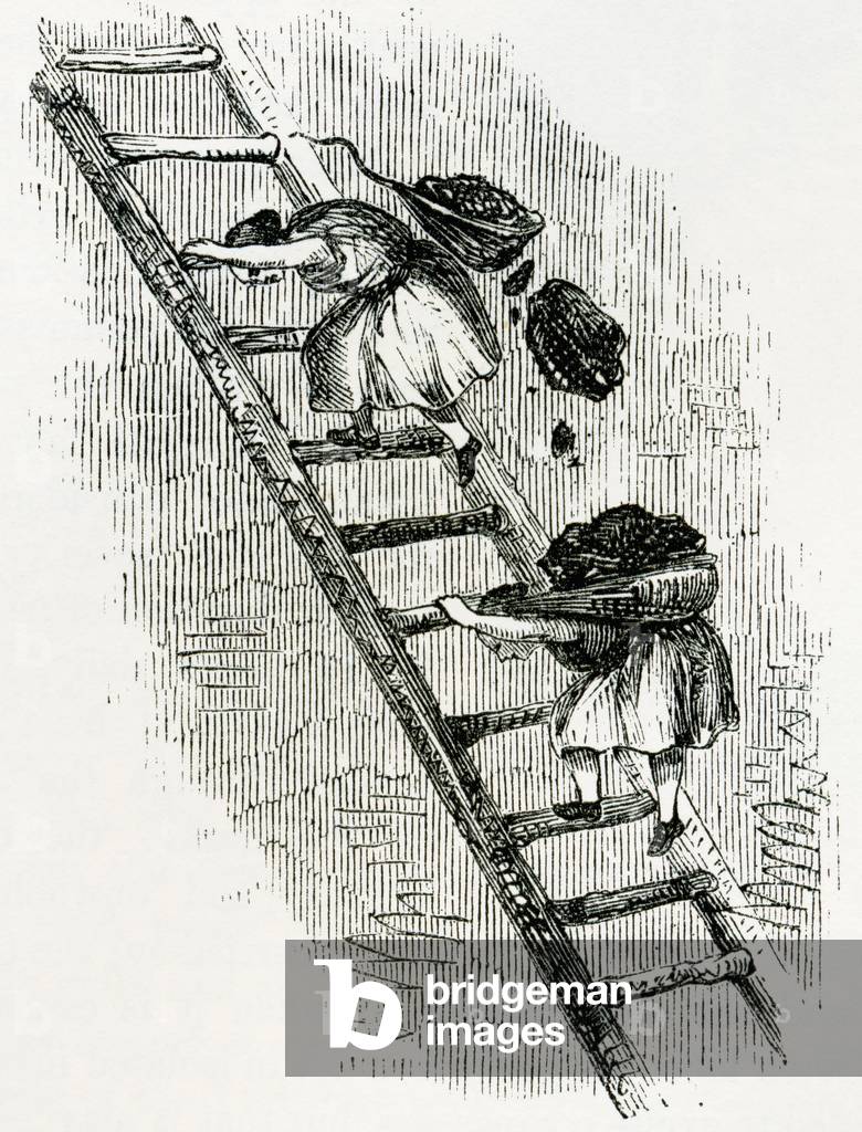 Women carrying coal to the surface in East Scotland mines, from 'Cyclopaedia of Useful Arts and Manufactures' by Charles Tomlinson (engraving)