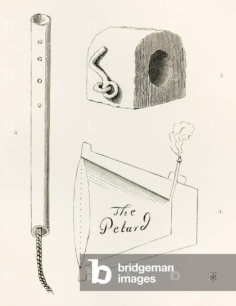 Figs. 1 and 3, types of Petards, or small bombs, usually conical or rectangular metal objects containing gunpowder.  Fig 2 The pipe used to carry the lighted match, from The British Army: Its Origins, Progress and Equipment, published 1868.