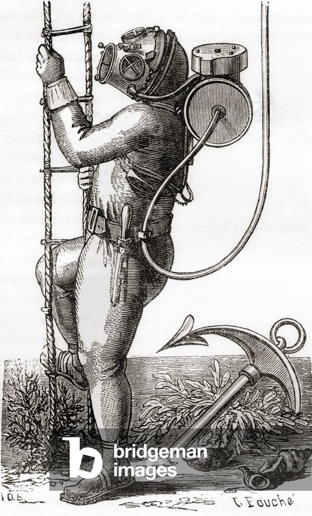 A 19th century deep sea diver wearing rubber coated diving suit with helmet and tank regulator, from 'Les Merveilles de la Science', published c.1870 (engraving)