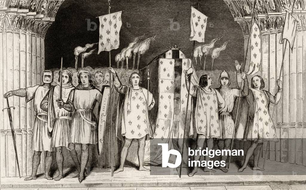The dead infant Jean I (1316) the Posthumous proclaimed King at his funeral, from 'Histoire de France' by Colart, published c.1840 (engraving)