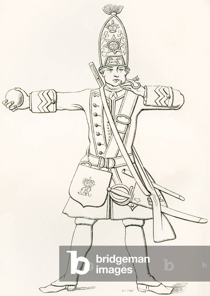 A Grenadier of H.M. 1st Regiment of Foot Guards, 1745, from The British Army: Its Origins, Progress and Equipment, published 1868.