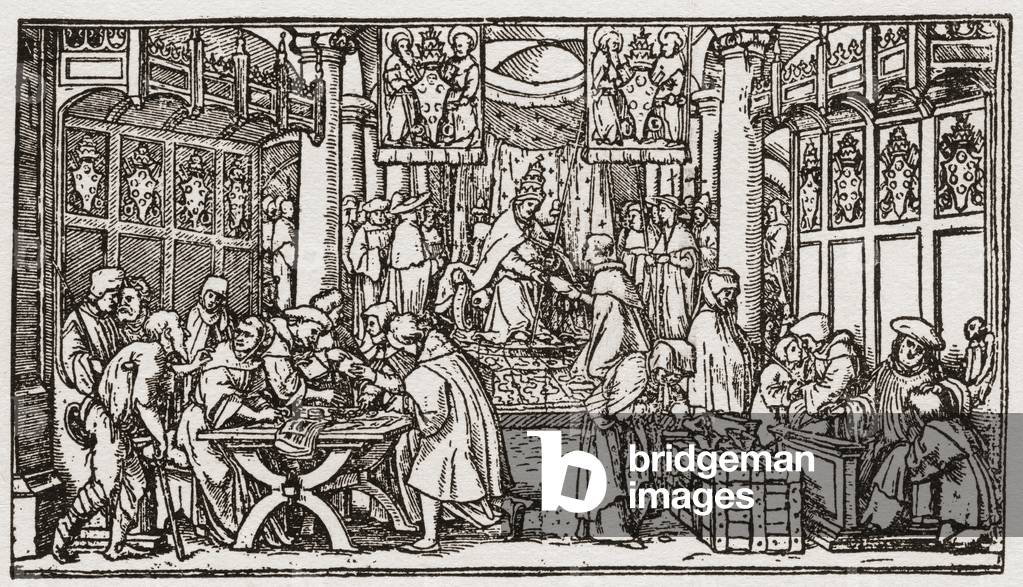 A Sale of Indulgences during the Tudor period in England (engraving)