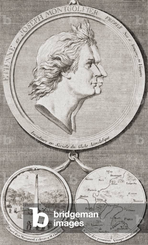 Medallion commemorating the French Montgolfier brothers, inventors of the Montgolfiere-style hot air balloon, after a 19th century print