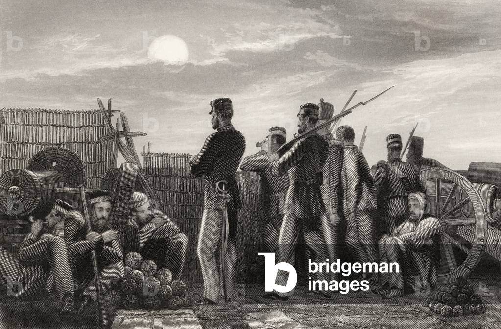Battery at Lucknow, the defenders on the lookout, from 'The History of the Indian Mutiny' (engraving)