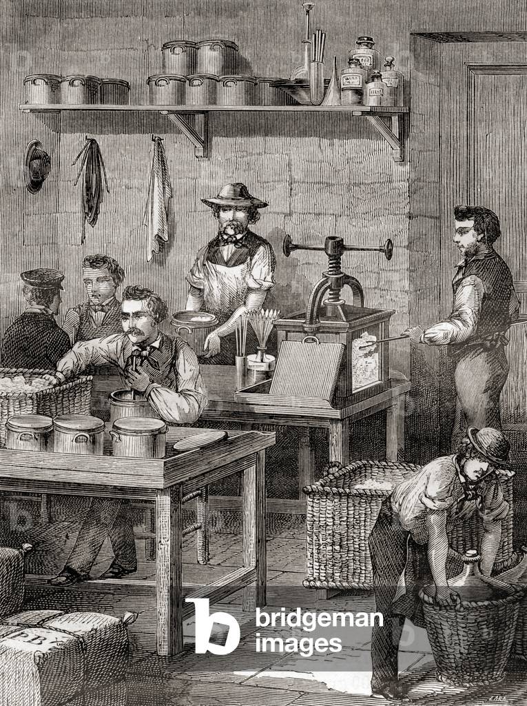 The manufacture of gun cotton in the 19th century, from Les Merveilles de la Science, published c.1870 (engraving)