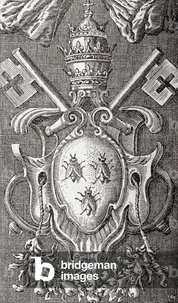 A bookplate aka Ex libris stamp from the library of Pope Urban VIII, from Enciclopedia Ilustrada Segui, c.1900