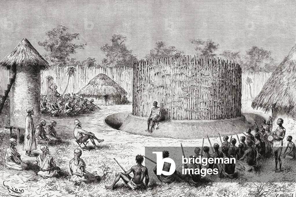 Reception for explorer Pietro Paolo Savorgnan di Brazza in the village of Chief Mkewe, Tanzania, from 'Africa Pintoresca', published 1888 (engraving)