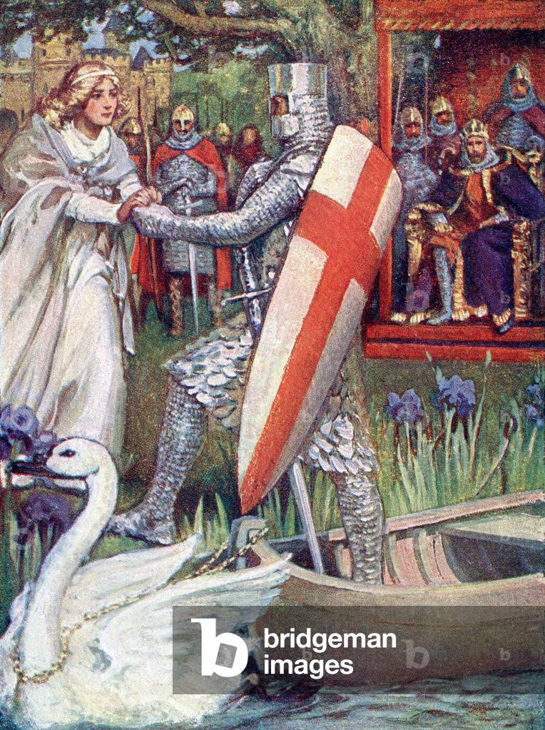 She went to meet him with outstretched hands, frontispiece from Knights of the Grail: Lohengrin, Galahad pub. 1909