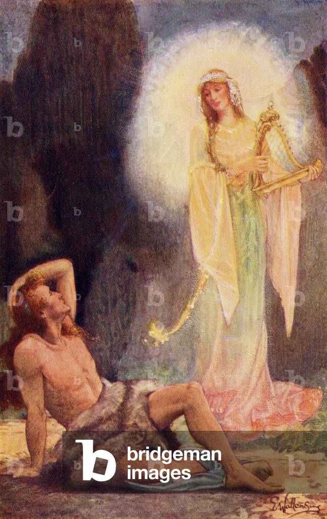 The Dream Maiden Visits Angus, illustration from the book 'Celtic Myth and Legend Poetry and Romance' by Charles Squire, published in 1905 (colour litho)