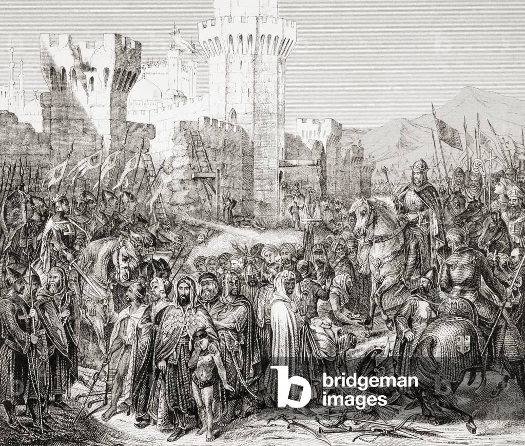 The surrender of Acre to Philip II of France, called Philip Augustus, during the Third Crusade, from L'Histoire Universelle Ancienne et Moderne, published in Strasbourg c.1860 (engraving)