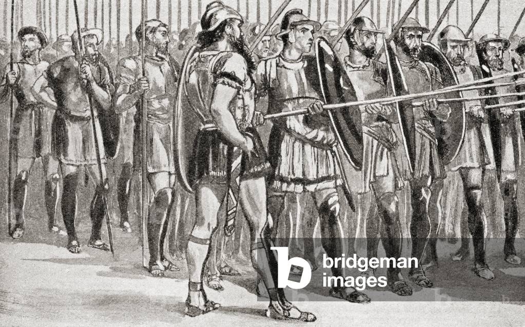 Soldiers of the famous Macedonian Phalanxe (litho)