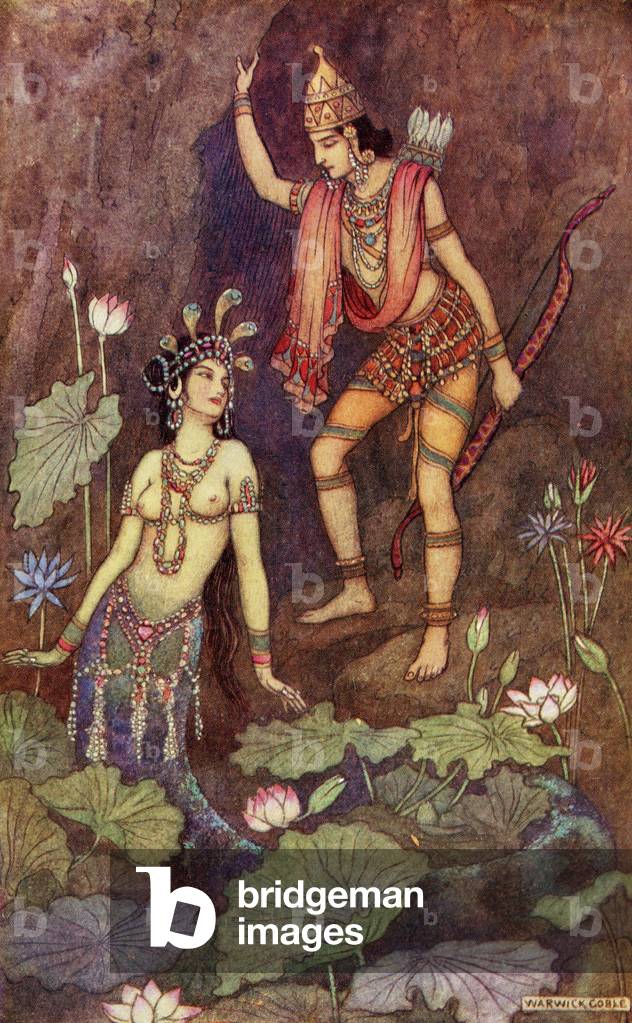 Arjuna and the River Nymph, illustration from 'Indian Myth and Legend' by Donald A. Mackenzie, published in 1913 (colour litho)