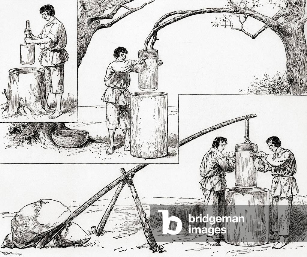 Primitive modes of grinding corn, from 'The Century Illustrated Monthly Magazine', published 1884 (wood engraving)