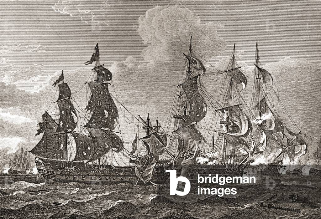 H. M. S. Captain, boarding The San Nicolas and The San Josef during the Battle of Cape St. Vincent, 1797. Illustration by Westall