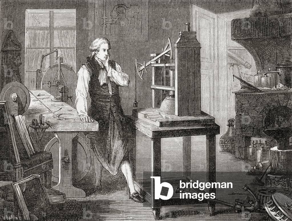 James Watt in his Glasgow workshop improving on Thomas Newcomen's 1712 Newcomen steam engine with his Watt steam engine in 1781, from Les Merveilles de la Science, pub.1870.