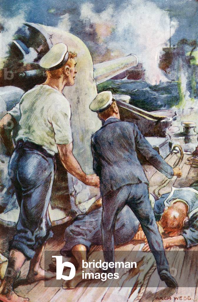 'Its shell struck the German cruiser's bridge, after an illustration by Archibald Webb, from 'Midshipman Rex Carew V.C.' by John S. Margerison, published c.1920 (colour litho)