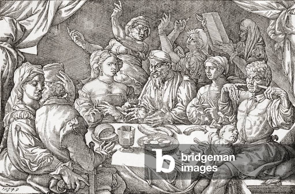 Coarse behaviour at the dining table during the Renaissance period.  After a Spanish copper engraving from 1545.