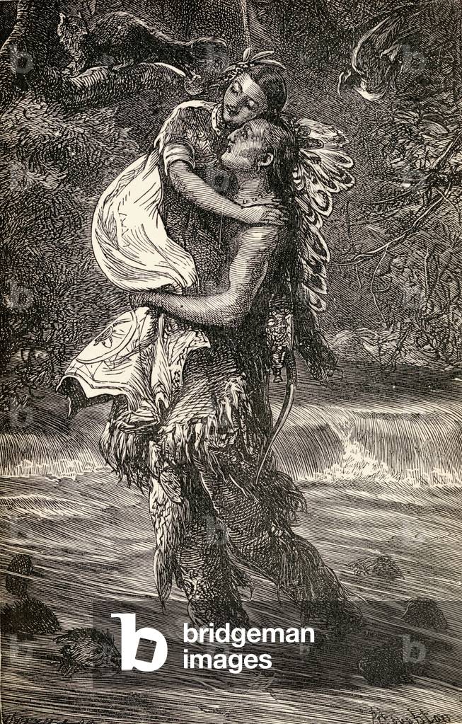 Hiawatha and Minnehaha, illustration from the poem 'Hiawatha' by Henry Wadsworth Longfellow (1807-82) written in 1855 (litho)