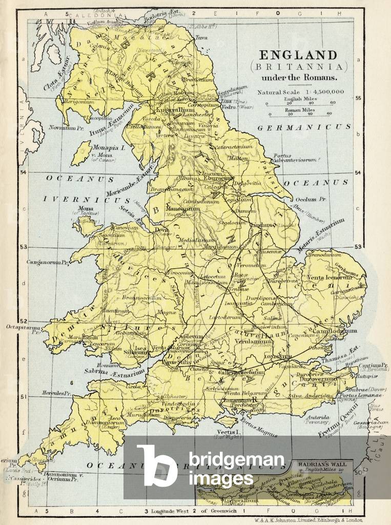 Map of England under the Romans, from 'Historical Atlas', published by W. & A.K. Johnston Limited, 1911 (colour litho)