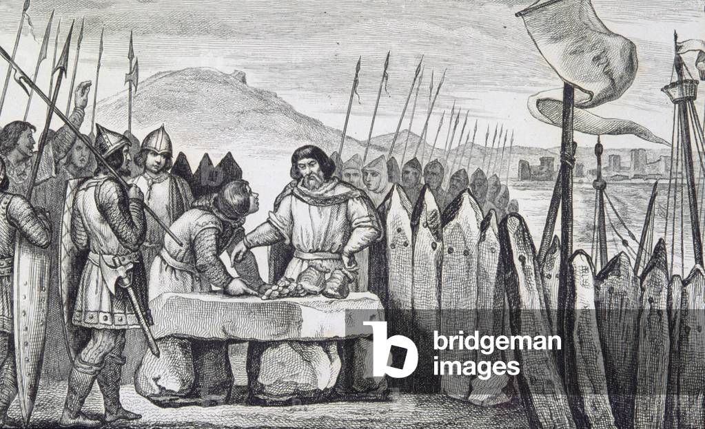 Charles III the Fat (839-88) pays off the Viking invaders in 886, from 'Histoire de France' by Colart, published c.1840 (engraving)