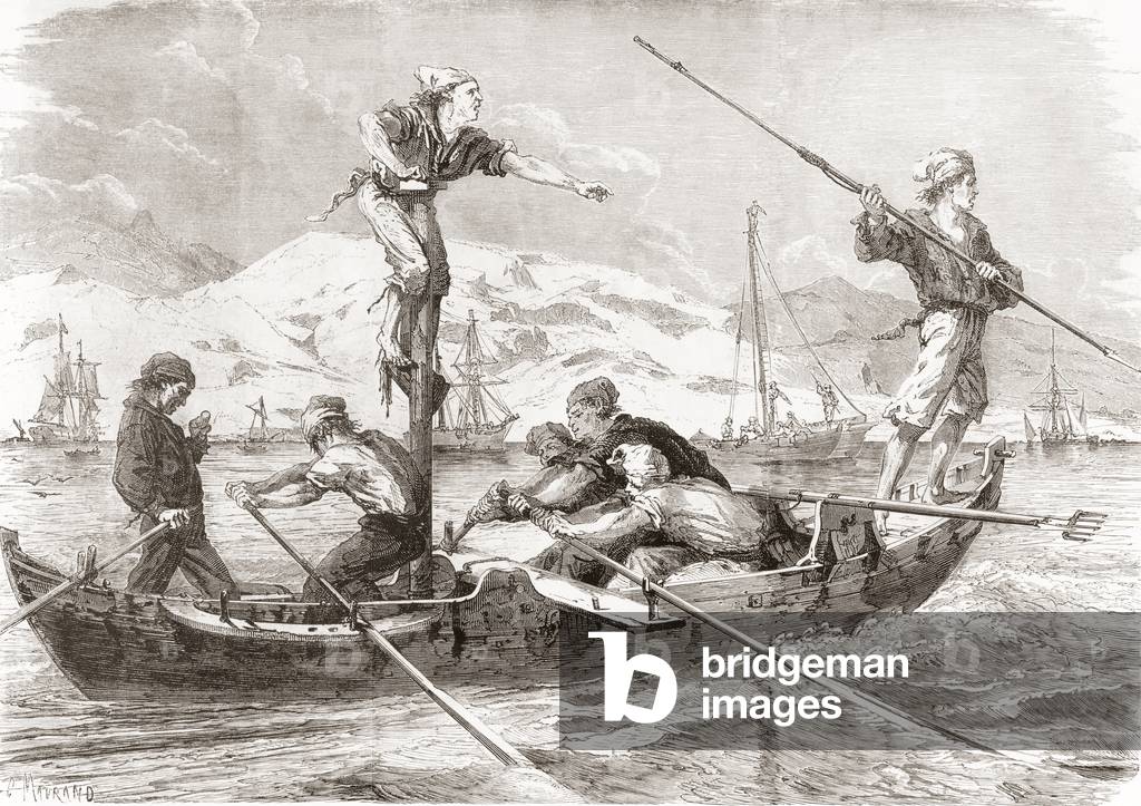 Fishermen using harpoons to catch swordfish on the coast of Sicily in the 19th century, from Album-Evenement, Prime du Journal L'Evenement, pub. 1865.
