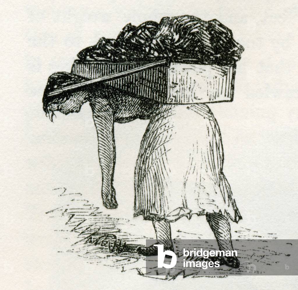 Woman carrying coal to the surface in East Scotland mines, from 'Cyclopaedia of Useful Arts and Manufactures' by Charles Tomlinson (engraving)